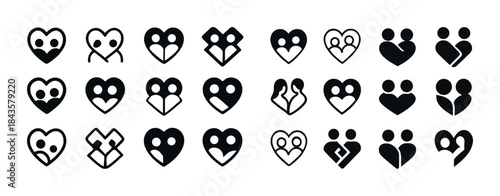 Heart-shaped couple icons set in black and white