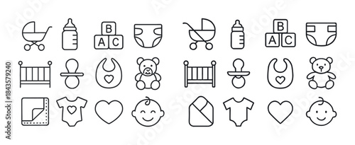 Baby care essentials icons: stroller, bottle, blocks, crib, tedd