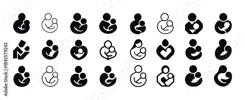 Icon set of mother and child embraces in various styles