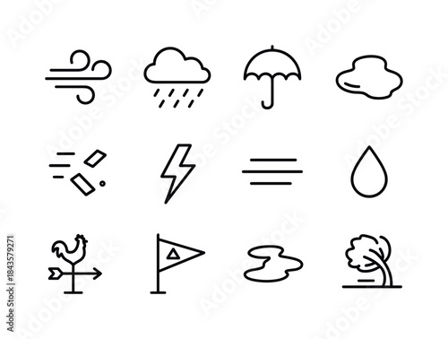 Wind and Rain Icons. Wind and Rain. Line icon set of Wind and Ra