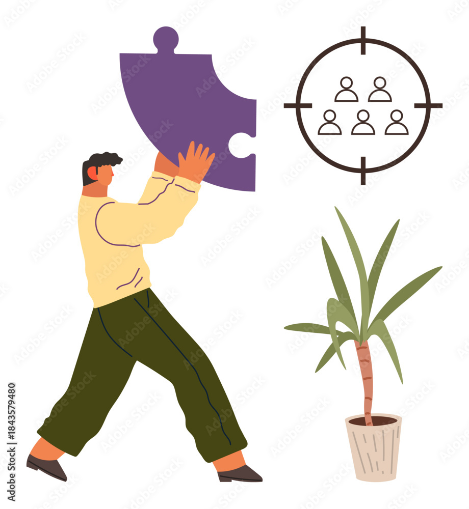 Fototapeta premium Man lifts puzzle piece, group icon within target, and potted plant beside. Ideal for strategy planning, goal aligning, problem-solving, teamwork, leadership target audience collaboration. Simple