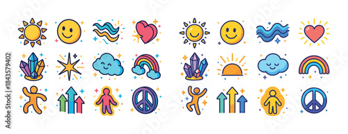 Colorful cartoon icons of nature, emotions, and symbols with sun