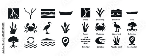 River delta icons: nature symbols including crab, heron, boat, t