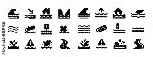 Flood and water wave icons set: warning, safety, hazard, alert s