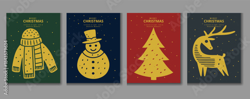 Three gold foil christmas cards with santa claus beer mug and tree on colored backgrounds