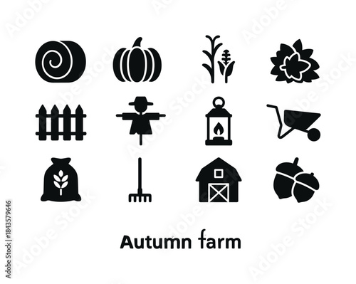 Autumn Farm Icons. Autumn farm. Solid icon set of autumn farm: h