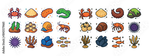 Colorful marine life icons featuring sea creatures and plants