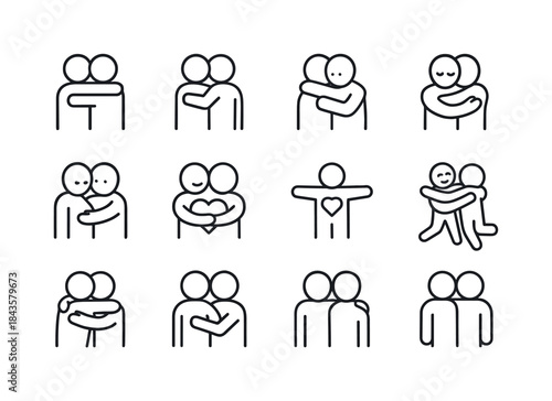 Hugging Icons Grid. Hugging. Line icon set of Hugging: two peopl