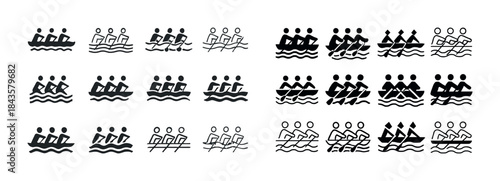 Icon set: rowing teams in various boat configurations and styles