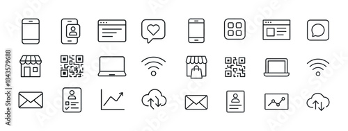 Set of minimalist line icons including mobile, web, and shopping