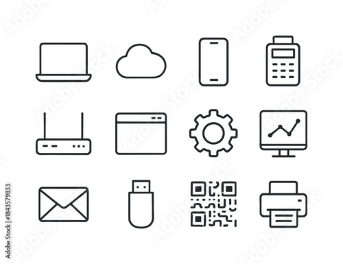 Small Business Tech Icons. Small business technology tools. Line