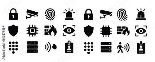 Security icons set: lock, camera, fingerprint, firewall, shield,