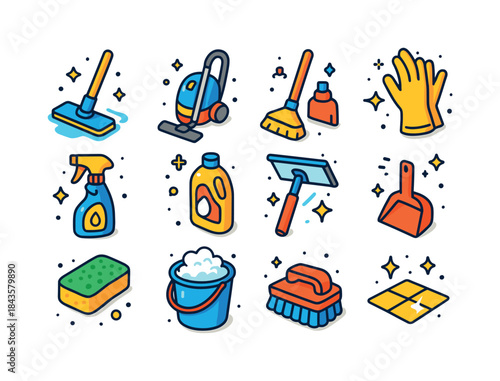 Colorful Cleaning Icons. House Cleaning. Colorful isometric vect