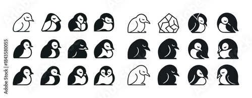 Stylized penguin icons collection in black and white minimalist