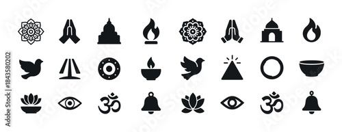 Black religious symbols icons set: prayer, peace, spirituality,