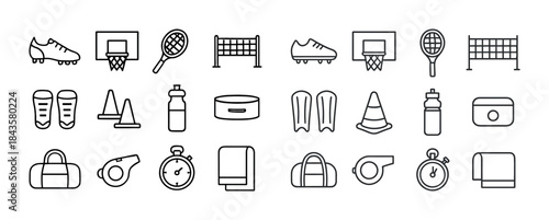 Sports equipment icons collection: soccer, basketball, tennis, v