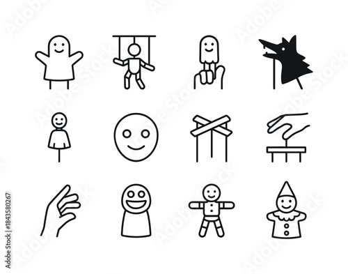 Outline Puppet Icons. Puppets. Line icon set of Puppets: hand pu