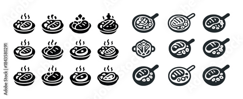Variety of cooking icons: stews, meats, and pan styles in graphi