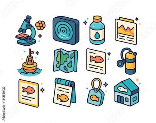 Marine Science Icons. Marine science. Colorful isometric vector