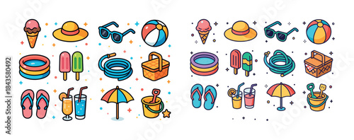 Colorful summer beach icons set: ice cream, sunglasses, pool, ha