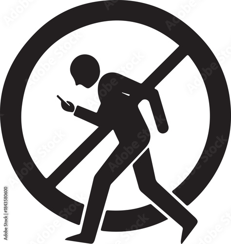 Warning sign: no walking while using cell phone, promoting pedestrian safety and awareness