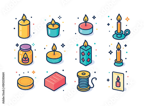 Colorful Candle Icons. Candles. Colorful isometric vector icons