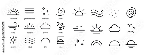 Minimalistic icon set: sunbursts, waves, clouds, sparkles, birds