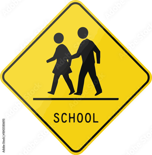 Yellow diamond warning sign indicating a school zone ahead with walking pedestrians