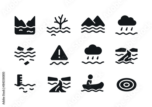 Flood Icons Collection. Flooded Valley. Solid icon set of Floode