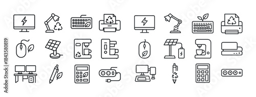 Eco-friendly office icons set featuring computers, printers, sol