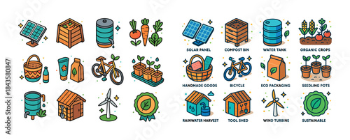 Eco-friendly farming and sustainable living icons: solar panels,