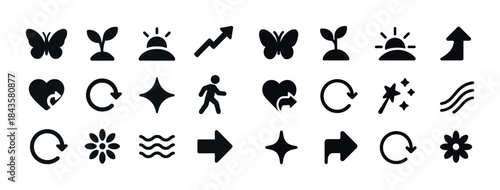 Set of black icons: butterfly, plant, sun, arrow, heart, person,