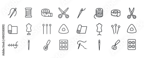 Collection of sewing and tailoring tools icons including needle,