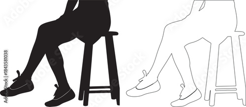 Black silhouette and outline vector illustration of woman's legs sitting on a stool isolated PNG with Transparent Background