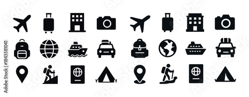 Travel and adventure icons: airplane, luggage, hotel, camera, hi