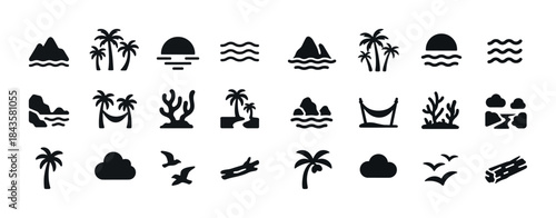 Collection of tropical icons: palm trees, waves, and sunsets in
