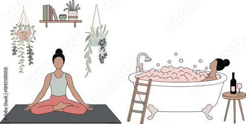 Vector Illustration of Woman Practicing Yoga Meditation and Relaxing in a Bubble Bathtub, Symbolizing Self-Care and Mental Wellness