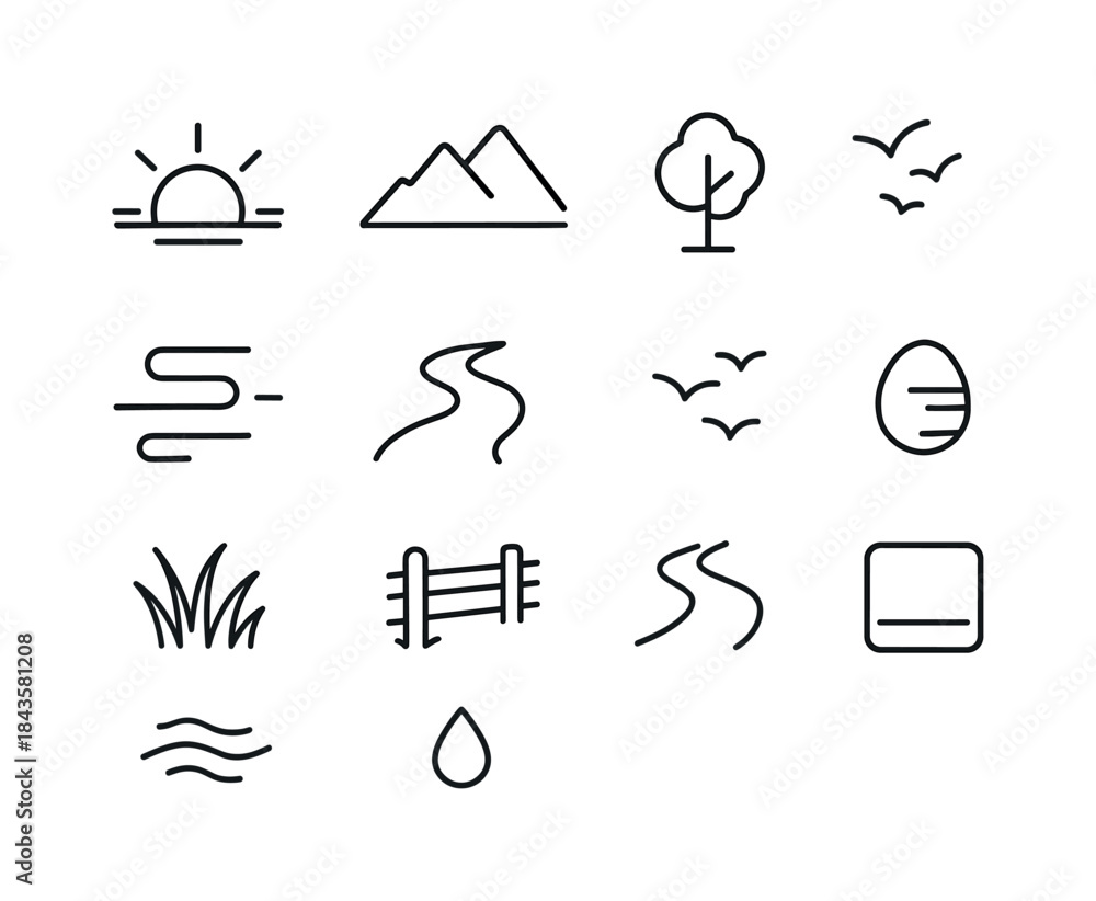 Fototapeta premium Morning Icons Collection. Morning Landscape. Line icon set of mo
