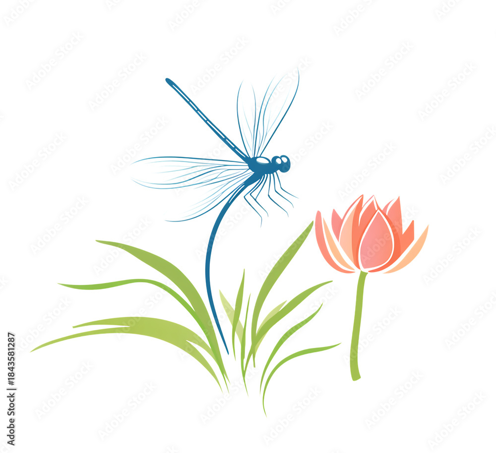 Naklejka premium Serene Dragonfly on Lotus Flower, Nature Illustration with Transparent Background