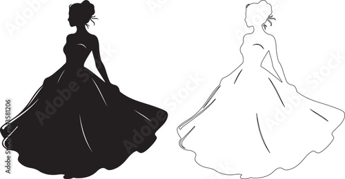 Elegant Woman in Ball Gown Silhouette and Outline Vector Graphic isolated PNG with Transparent Background