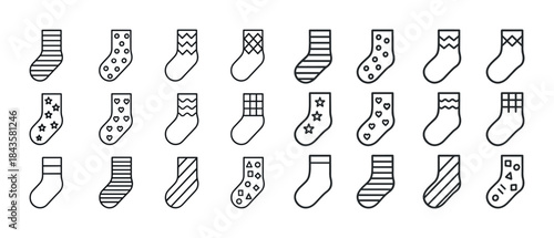 Set of 20 line art socks with various patterns in black and whit