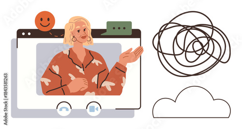 Woman speaking on video call alongside abstract tangled lines, cloud, and happy face. Ideal for mental health, teamwork, guidance, virtual meetings, communication solutions self-growth. Simple flat