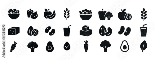 Icon set of fruits, vegetables, grains, and drinks in black silh