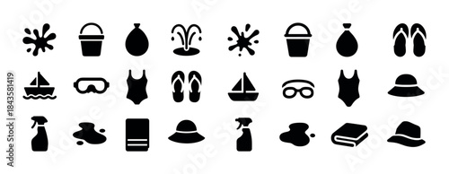 Silhouette collection of summer beach icons including swimsuit a