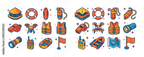 Colorful collection of lifeguard and beach safety equipment icon