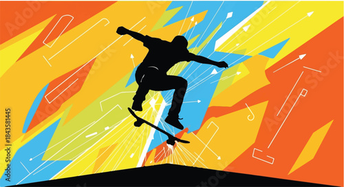 Dynamic silhouette of a skateboarder performing an aerial trick against a vibrant, abstract background.