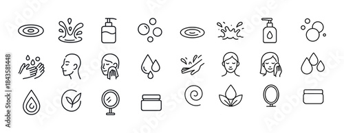 Skincare icon set: cleansing, hydration, moisturizer, spa, welln