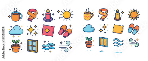 Cozy winter icons: mug, scarf, candle, sun, cloud, pillow, slipp