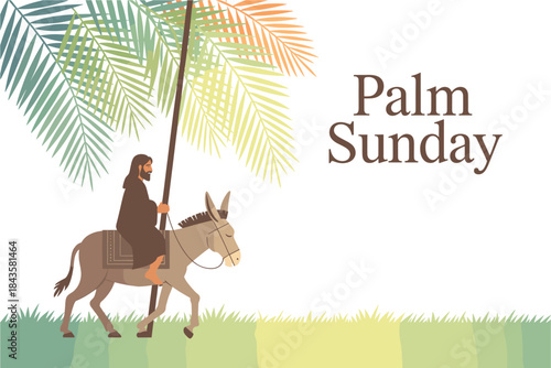 A colorful illustration of jesus riding a donkey on palm sunday with a palm tree