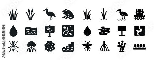 Black silhouette icons of wetland animals plants and ecosystem e